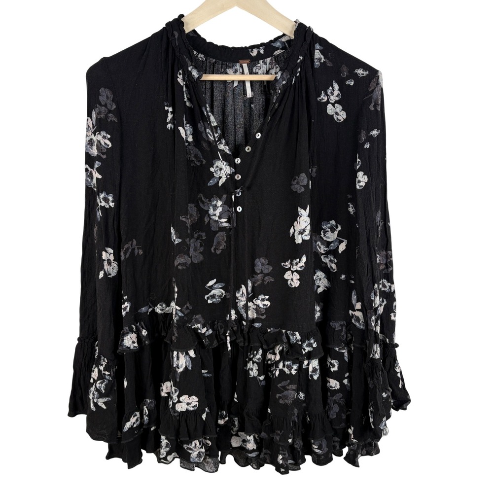 Free People Tunic Top Womens Small Black Floral Boho Peasant Coquette